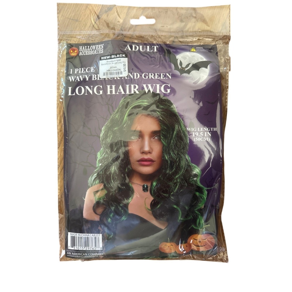 Adult Halloween Costume Wig Black and Green Wavy Long Hair Accessory